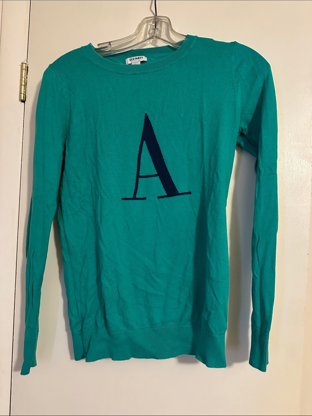 Old Navy Teal Crewneck Sweater with Navy Monogram A